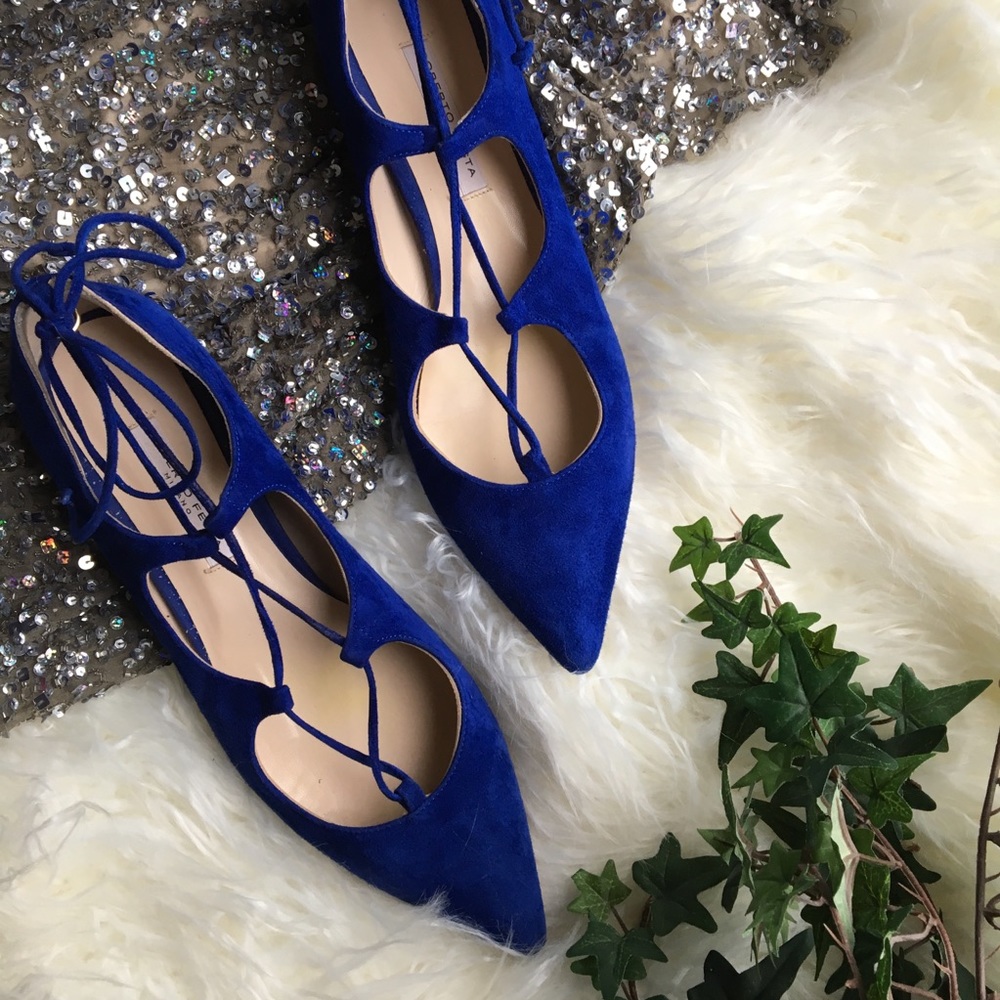 Blue suede ballerina tie up flats